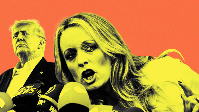 An illustration including photos of former U.S. President Donald Trump and Stormy Daniels