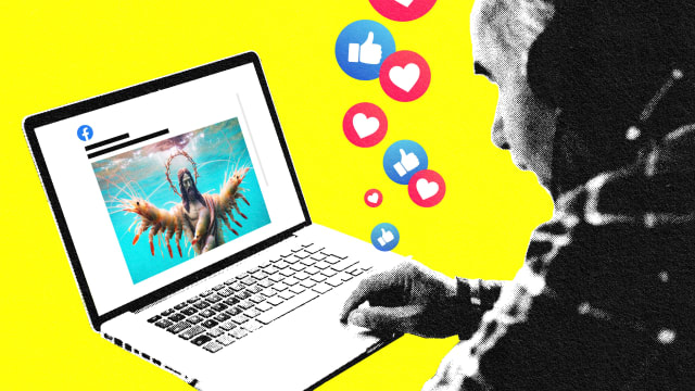 A photo illustration of an older man on a computer looking at the AI generated shrimp jesus with lots of hearts and thumbs up icons floating around