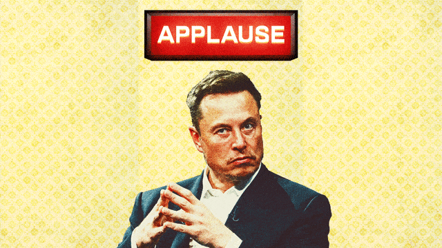 Photo illustration of Elon Musk on a yellow wallpaper background with an illuminated sign reading "applause" flashing on and off above him