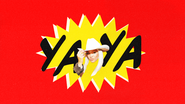 A gif of the words YA YA bouncing up and down with Beyonce tipping a cowboy hat in between 