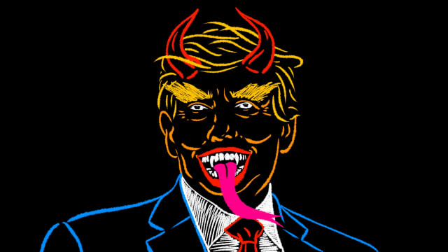 Illustration of Donald Trump with devil horns and a devil tongue
