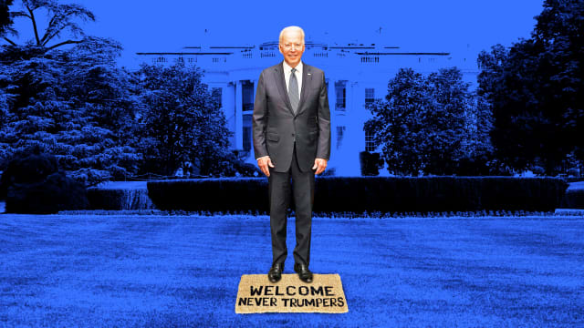A photo illustration of Joe Biden standing on a welcome mat outside of the white house that says "welcome never trumpers'