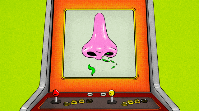 Illustration of an old arcade video game with a nose flaring inhaling green odor lines