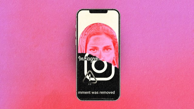 A photo illustration of a phone with an Indian woman inside with Instagram logos over her face