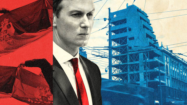 A photo illustration of Jared Kushner in front of a picture of a bombed out building in Bosnia 