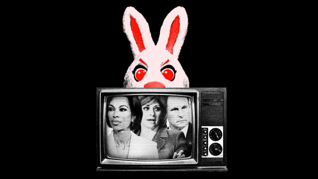 Photo illustration of Brian Kilmeade, Maria Bartiromo, Harris Faulkner in a tv with an angry easter bunny behind them