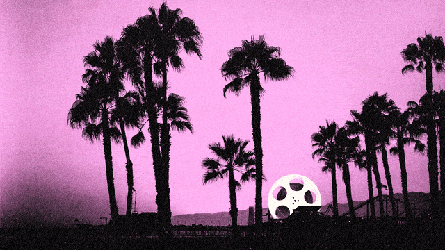  A photo illustration of a Los Angeles beach skyline shows palm trees with a film reel spinning in the distance.