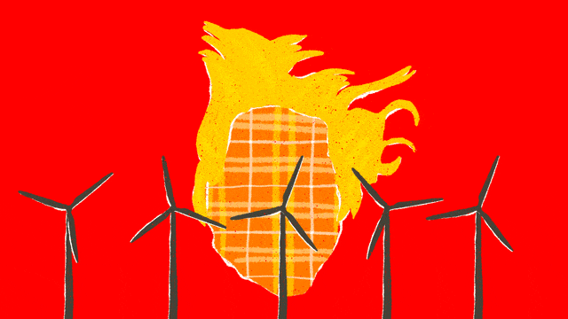 Illustration of Donald Trump with orange plaid skin and yellow hair blowing in the wind with rotating wind turbines