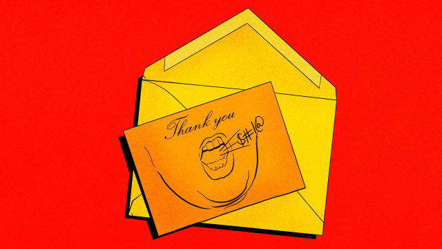 Illustration of a thank you note in yellow and orange with Donald Trump's cursing face drawn on it