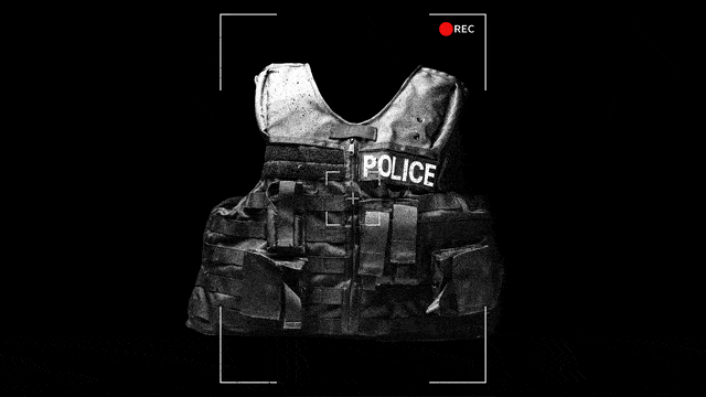 Photo illustration of a police vest with a camera frame around it and a flashing recording symbol