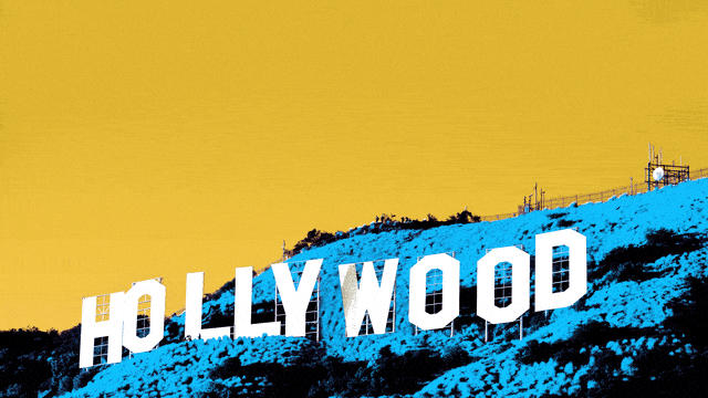 An illustration including Tom Cruise stealing the 'W' from the Hollywood sign