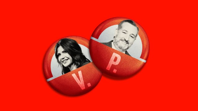 Photo illustration of two campaign pins, one with Kristi Noem and one with Ted Cruz