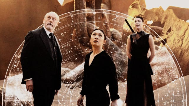 A photo illustration showing Liam Cunningham as Wade, Jess Hong as Jin Cheng, Sea Shimooka as Sophon in episode 105 of 3 Body Problem.