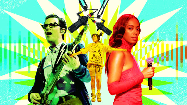 A photo illustration of Rivers Cuomo of Weezer, Billie Eilish, and Solange Knowles.