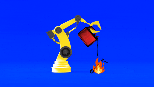 A gif of a robot arm pouring gas over a fire with the Reddit and 4 Chan logos in them