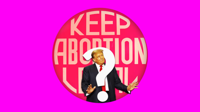 A photo illustration of former President Donald Trump, a question mark, in front of a Keep Abortion Legal sign.