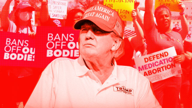 A photo illustration of former President Donald Trump and an abortion protest background.