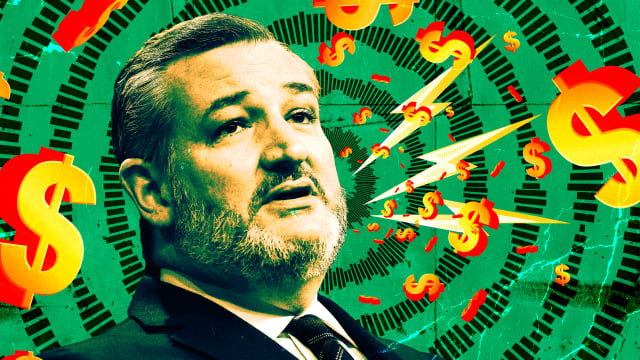 A photo illustration of Senator Ted Cruz on a green background of dollar signs and soundwaves.