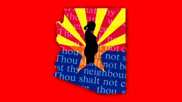A photo illustration of a silhouette of a pregnant woman, the state flag of Arizona, and 10 commandments.