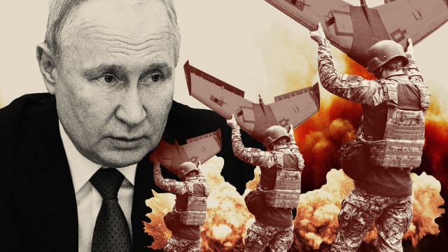 Photo illustration of Vladimir Putin with an explosion in the background and soldiers carrying drones