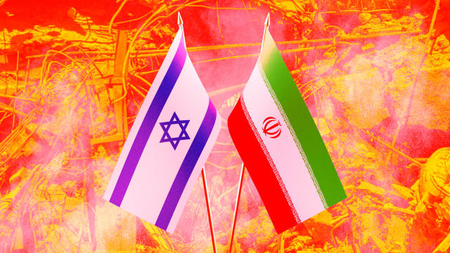 A photo illustration of Israeli and Iranian flags and background of rubble.