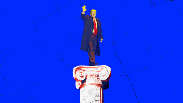 A photo illustration of former President Donald Trump standing on a cracked marble pillar.