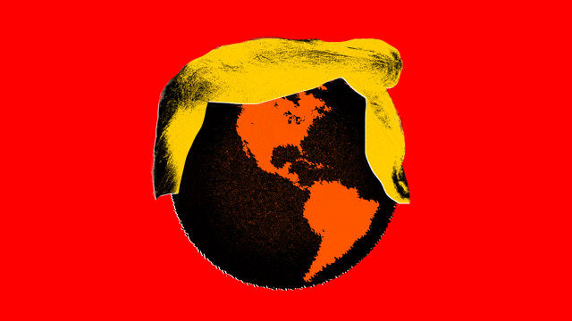 Illustrative gif of a spinning black and orange globe with Donald Trump's yellow hair