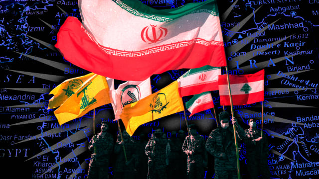A photo illustration of Basij paramilitary force hold Iranian flag, Lebanese flag, flag of Hashd Shabi, and a flag of Lebanon's Hezbollah.