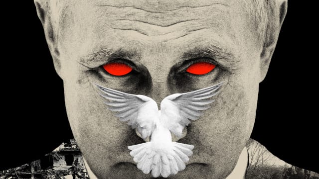 Photo illustration of Vladimir Putin with red eyes and a dove in front of his face