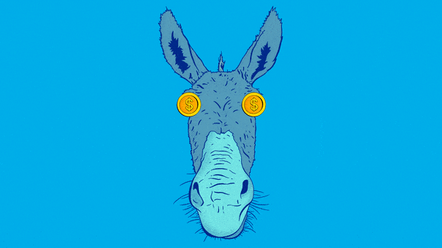 Illustrative gif of a blue donkey with gold coins rotating on the eyes on a blue background.