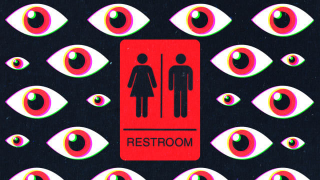 A photo illustration of eyes watching a bathroom sign.