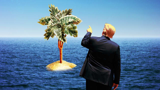A photo illustration of Donald Trump pointing to an island with a money palm tree.