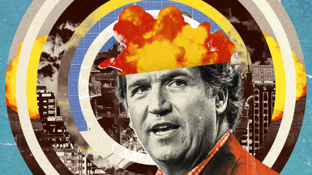Photo illustration of Tucker Carlson with an explosion coming out of his head with concentric circles of scenes of the Israel-Palestine conflict on a blue paper background