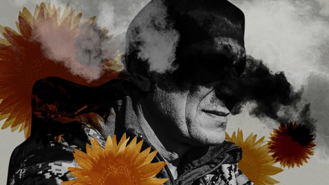 A photo illustration showing a soldier figure covered by explosions smoke and sunflowers.