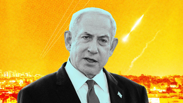 A photo illustration of Israel PM Benjamin Netanyahu and Iranian strikes on Israel.