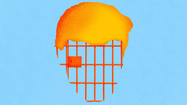 Illustration of Donald Trump’s hair on a face made of prison bars on a blue background.