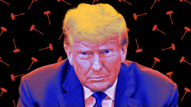 A photo illustration of former President Donald Trump and a background pattern of judges' gavels.