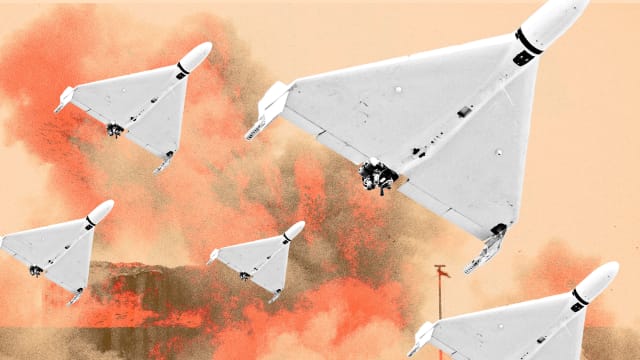 A photo illustration of Iranian Shahed drones