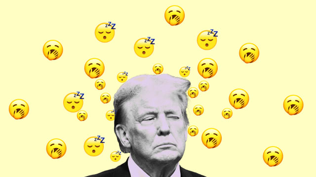 A photo illustration of Donald Trump with eyes closed and sleepy emojis.