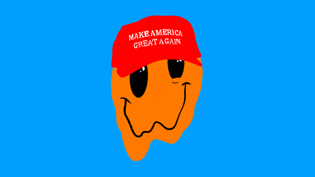 Illustrative gif of a melting smiley face wearing a MAGA Make America Great Again hat and a twitching eye