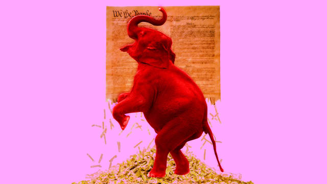 A photo illustration of a red elephant and torn US Constitution.