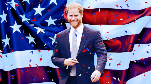 A photo illustration of Prince Harry and the United States flag background and confetti.