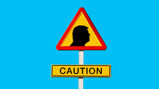 A photo illustration of Donald Trump on a caution sign 
