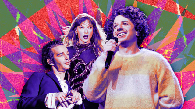 A photo illustration of Matty Healy, Taylor Swift, and Charlie Puth.