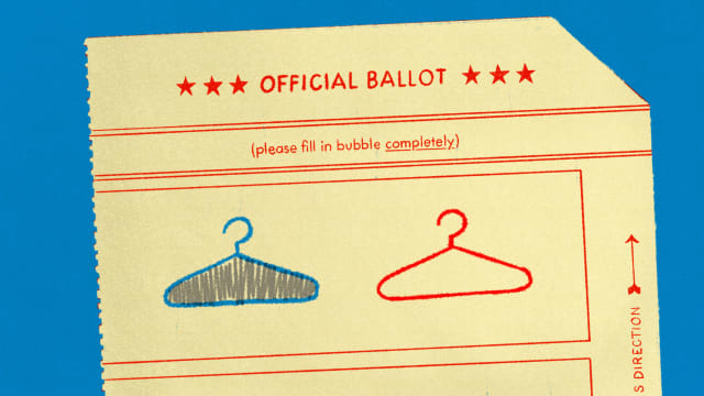Illustration of a voting ballot with hangers as the selection, with the blue one filled in.