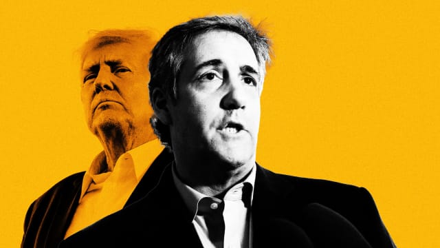 An illustration including a photo of Michael Cohen and Donald Trump