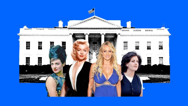 A photo illustration of Ellen Rametsch, Stormy Daniels, Marilyn Monroe, and Monica Lewisnky 