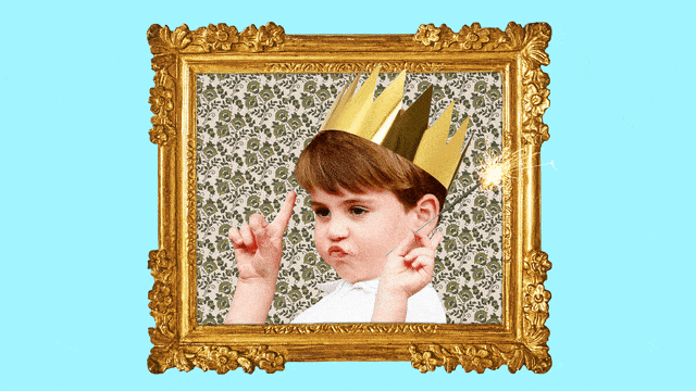 Photo illustrative gif of Prince Louis holding a sparkler wearing a crown in a gilded frame