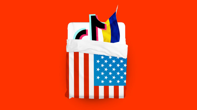 A photo illustration of the TikTok logo and a flag of Ukraine in bed together