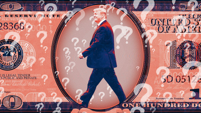 A photo illustration of former President Donald Trump with a background of money and question marks.